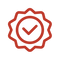 Red outlined badge with a check mark inside, symbolizing approval, certification, or verification, on a light gray background.