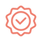 Red outline of a badge with a check mark in the center, symbolizing approval or certification, on a light gray background.