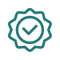 Green outlined badge icon with a check mark inside, symbolizing approval, certification, or verification, on a light gray background.