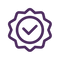 Purple outlined badge with a checkmark in the center, symbolizing approval, certification, or verification, on a light gray background.