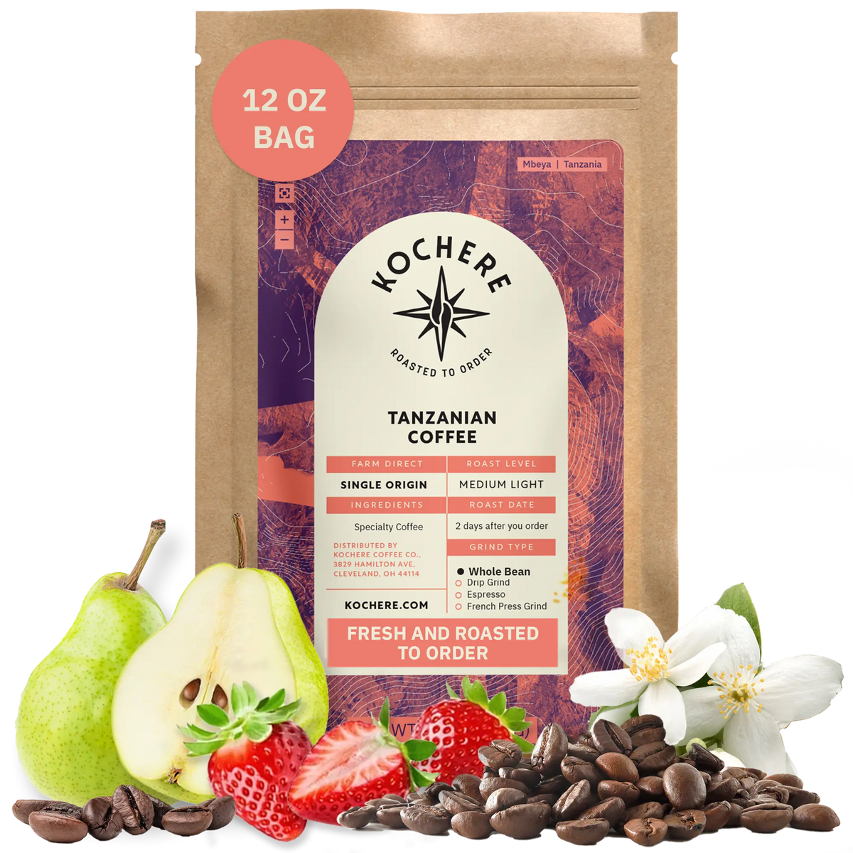 Bag of Kochere Single Origin Tanzanian medium-light roast coffee, displayed with fresh pears, sweet strawberries, and white blossoms to represent its crisp and aromatic flavor profile. [12 oz][Whole Bean]