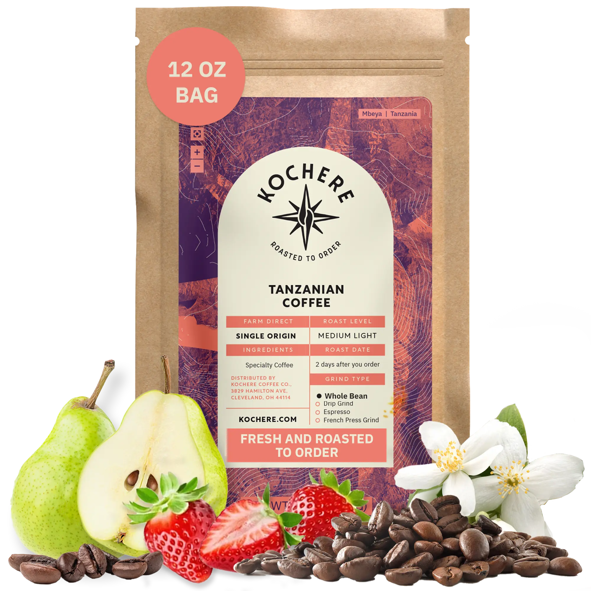 Bag of Kochere Single Origin Tanzanian medium-light roast coffee, displayed with fresh pears, sweet strawberries, and white blossoms to represent its crisp and aromatic flavor profile. [12 oz][Whole Bean]