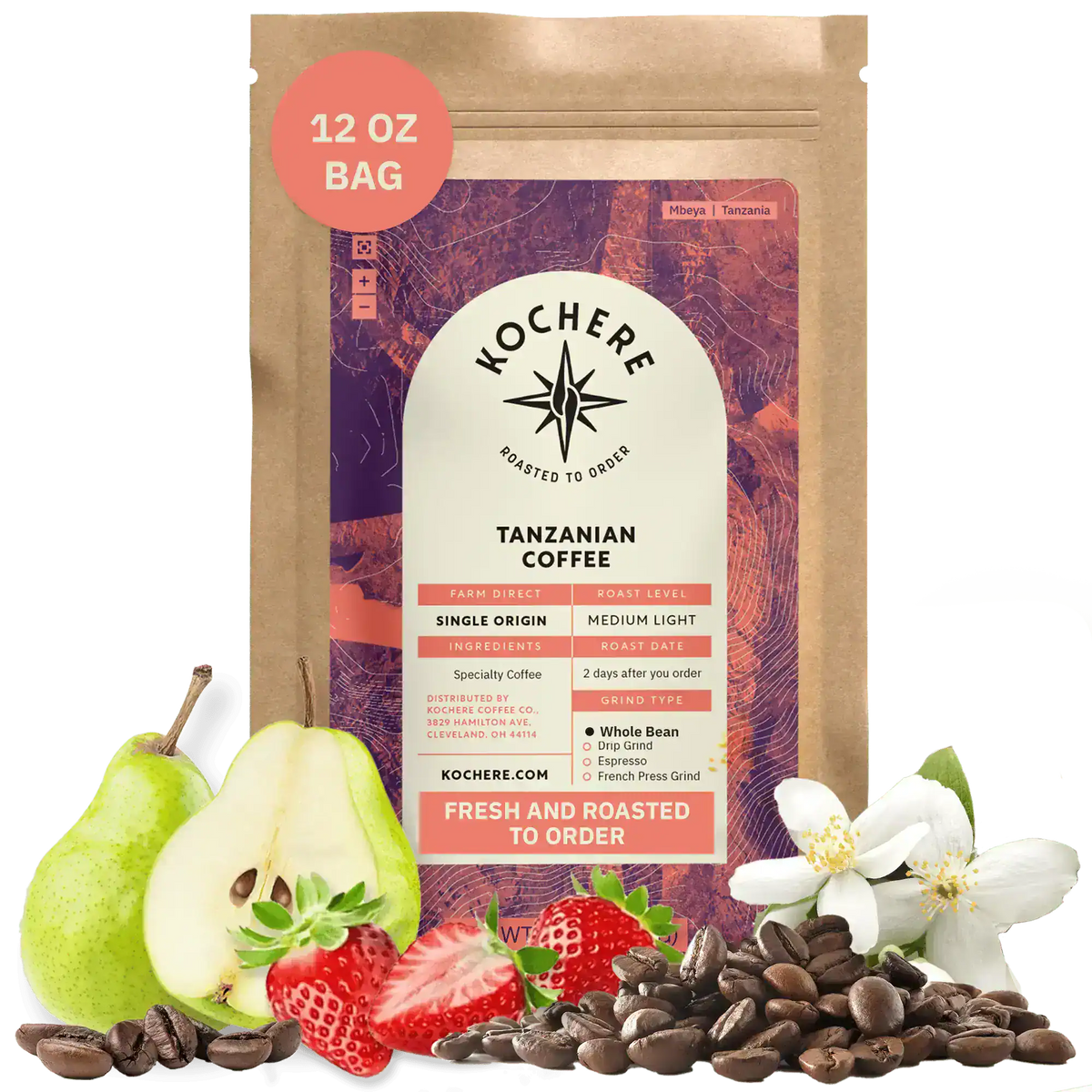 Bag of Kochere Single Origin Tanzanian medium-light roast coffee, displayed with fresh pears, sweet strawberries, and white blossoms to represent its crisp and aromatic flavor profile. [12 oz][Whole Bean]