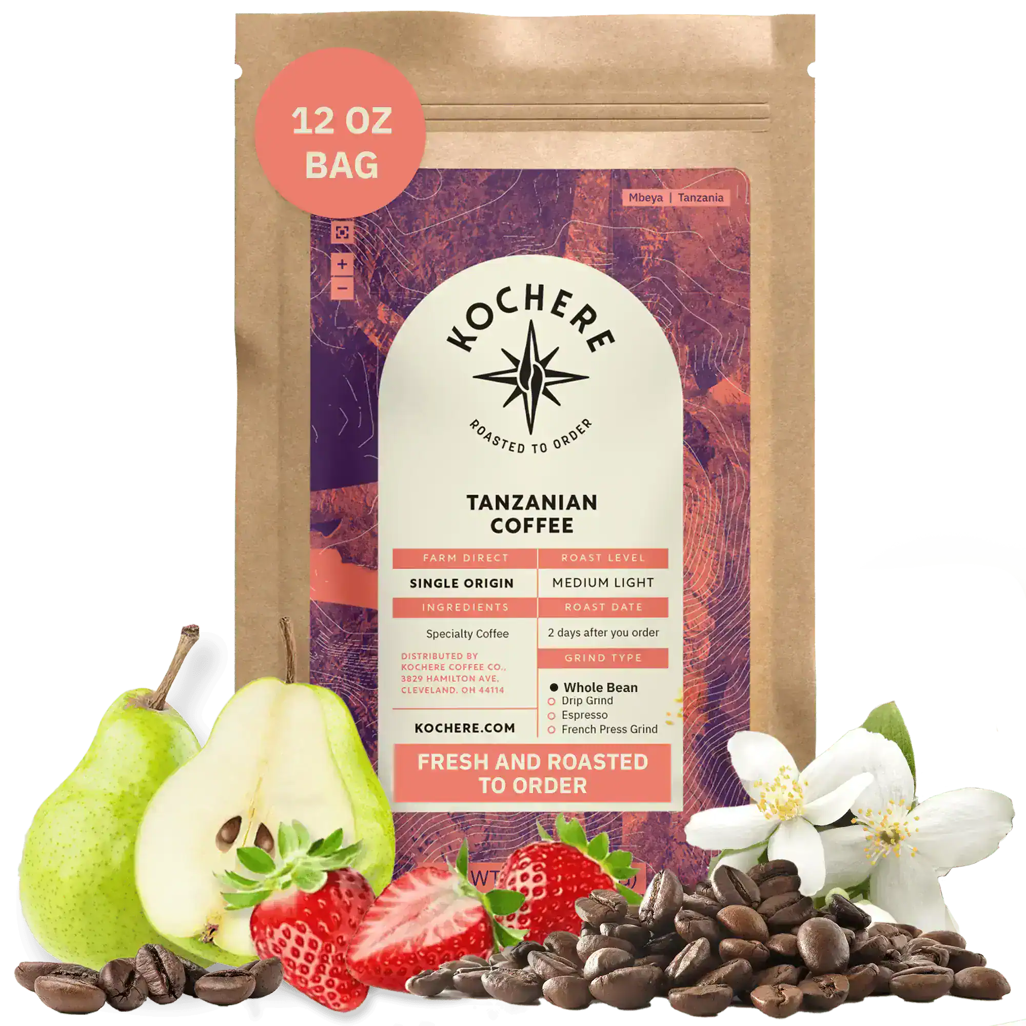 Bag of Kochere Single Origin Tanzanian medium-light roast coffee, displayed with fresh pears, sweet strawberries, and white blossoms to represent its crisp and aromatic flavor profile. [12 oz][Whole Bean]