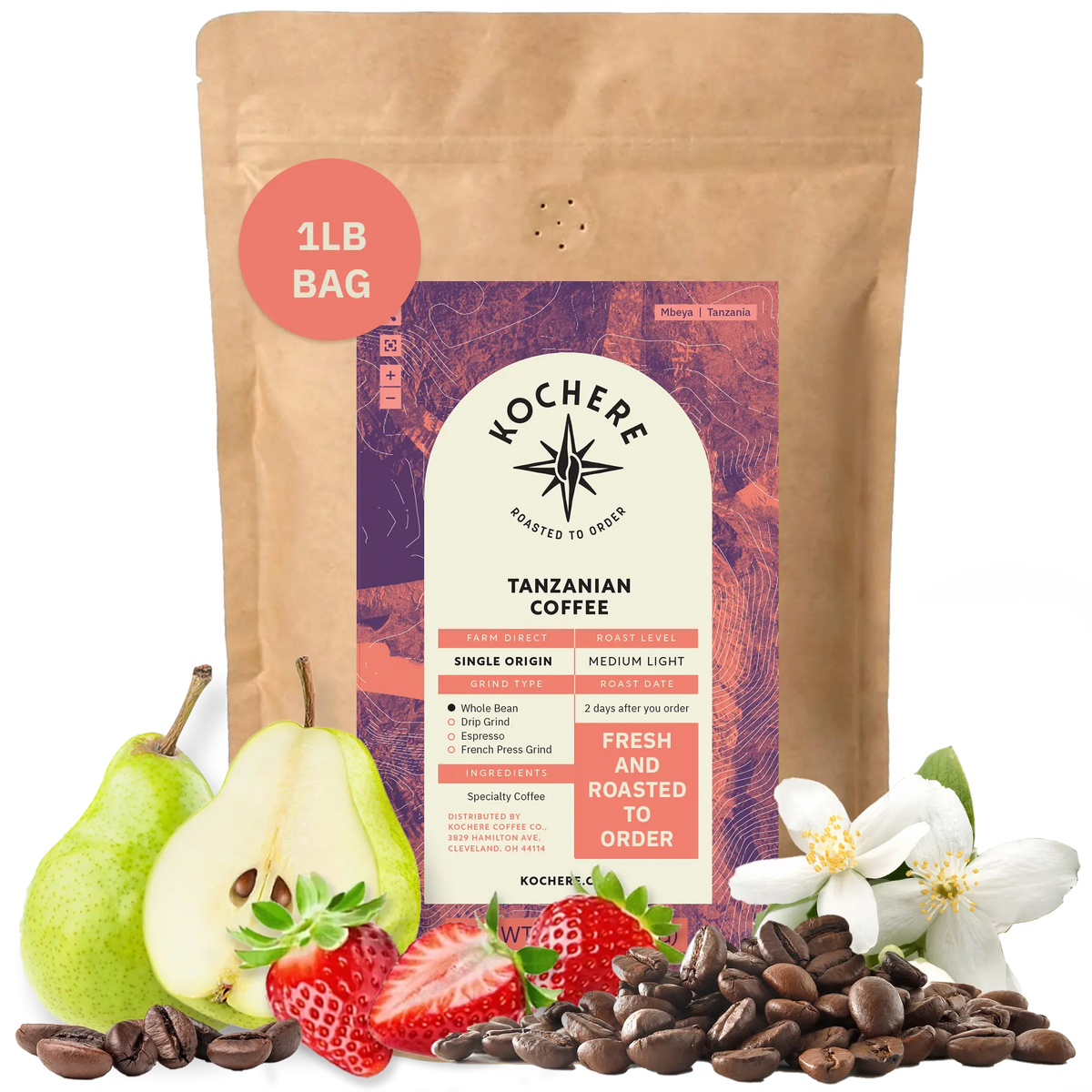 Bag of Kochere Single Origin Tanzanian medium-light roast coffee, displayed with fresh pears, sweet strawberries, and white blossoms to represent its crisp and aromatic flavor profile. [1LB][Whole Bean]