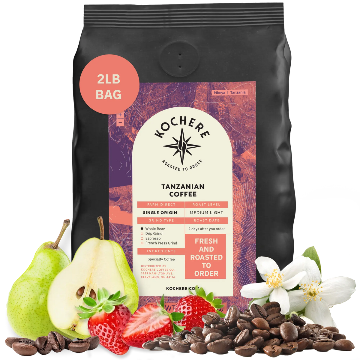 Bag of Kochere Single Origin Tanzanian medium-light roast coffee, displayed with fresh pears, sweet strawberries, and white blossoms to represent its crisp and aromatic flavor profile. [2LB][Whole Bean]