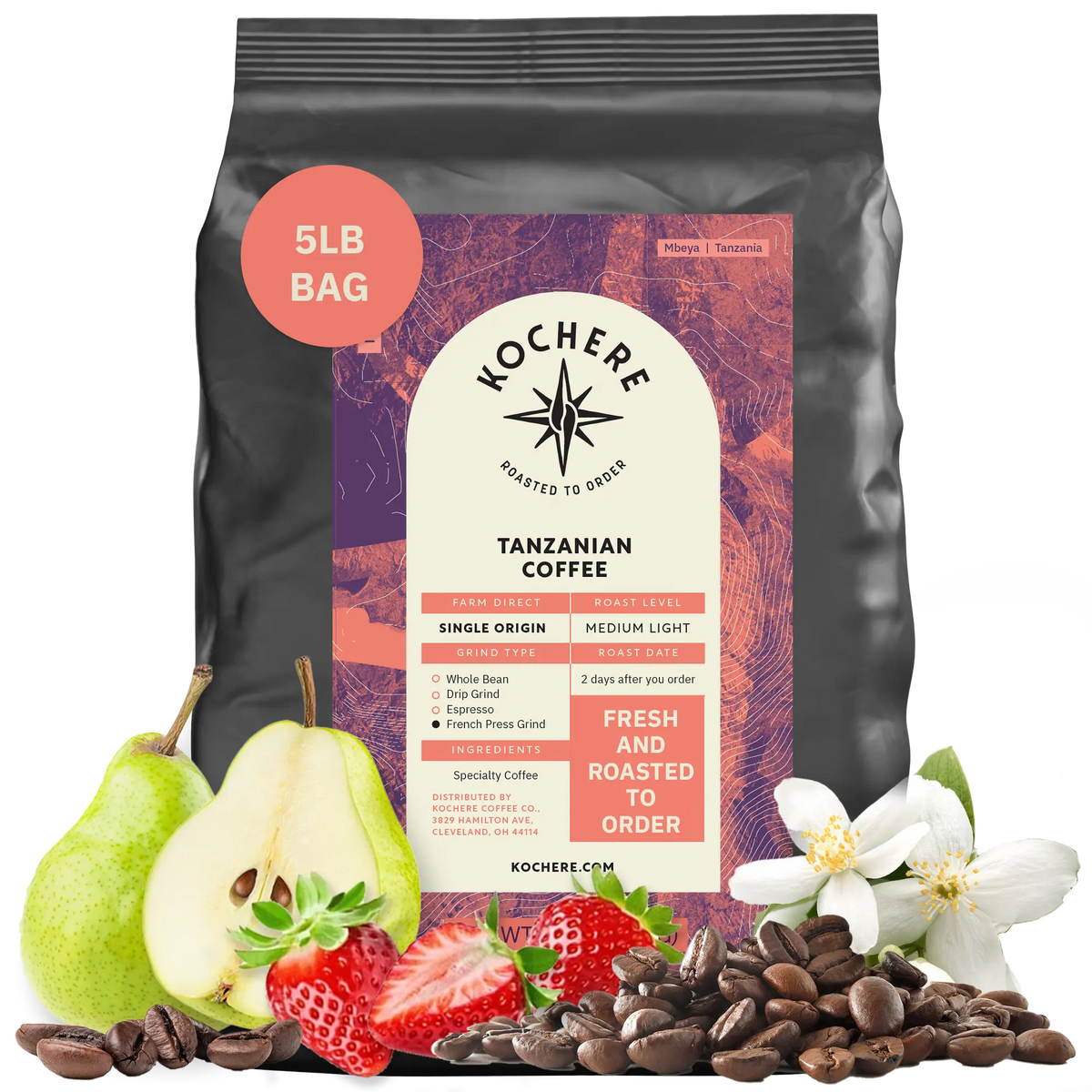Bag of Kochere Single Origin Tanzanian medium-light roast coffee, displayed with fresh pears, sweet strawberries, and white blossoms to represent its crisp and aromatic flavor profile. [5LB][Whole Bean]