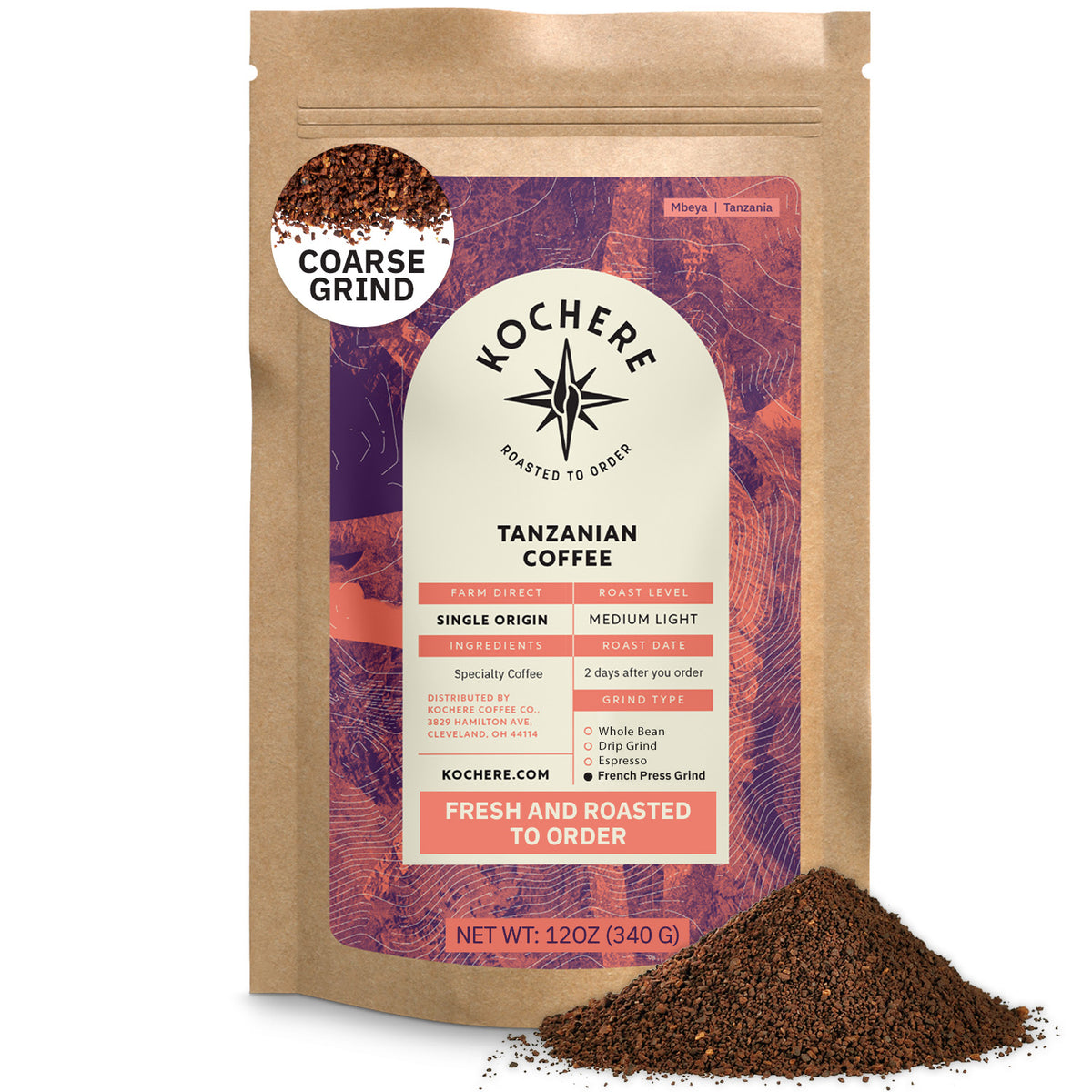 A 12oz bag of Kochere Coffee Tanzanian Mbeya AB Medium-Light Roast—featuring pear, floral, and jasmine notes—labeled as coarse grind with some coffee spilled beside it; the bag displays its origin, roast profile, and company website.[12 oz][coarse grind]