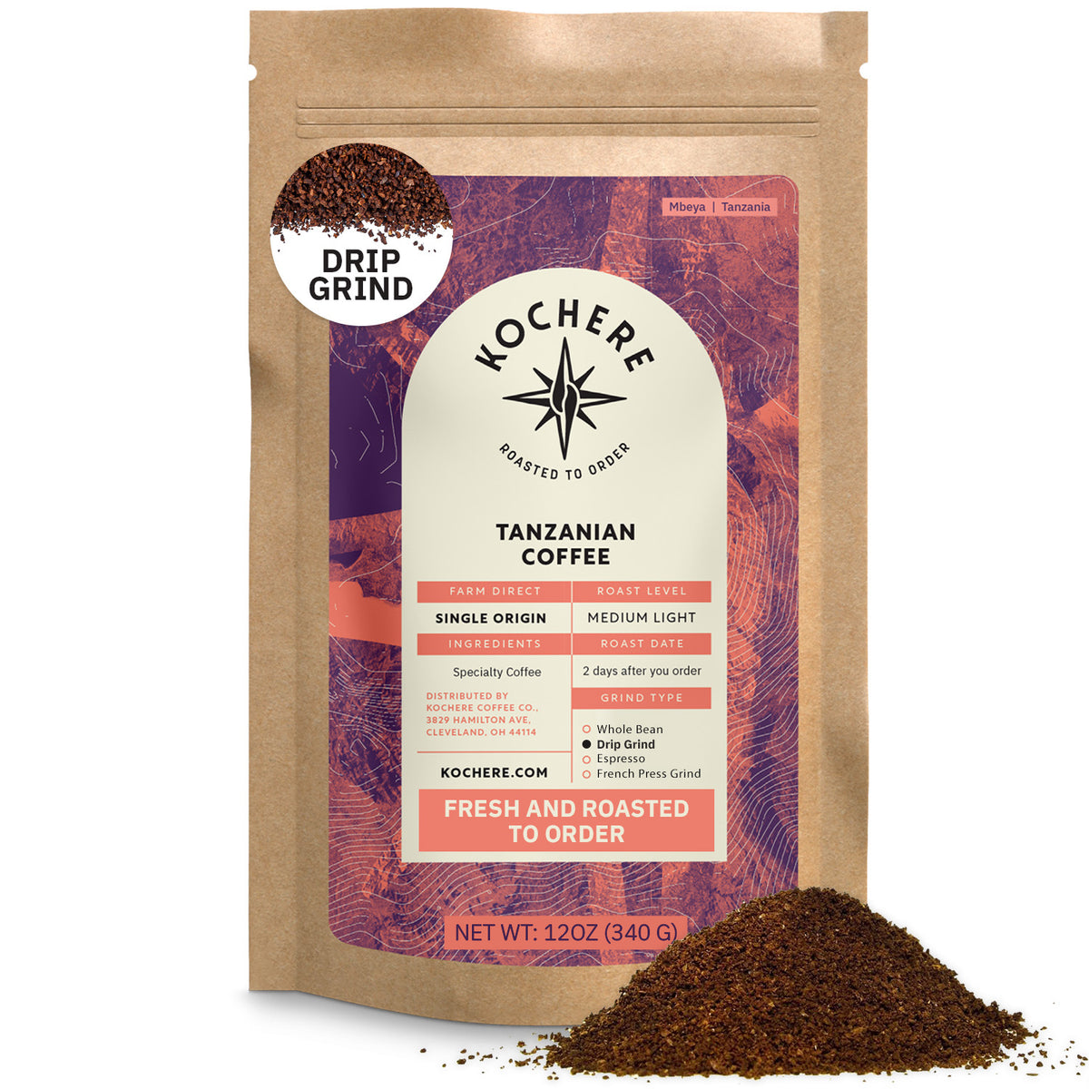 A 12oz bag of Kochere Coffee Company Tanzanian Mbeya AB Medium-Light Roast, single origin, drip grind, with pear, floral, and jasmine notes, shown with a bit of ground coffee spilled in front.[12 oz][drip grind]