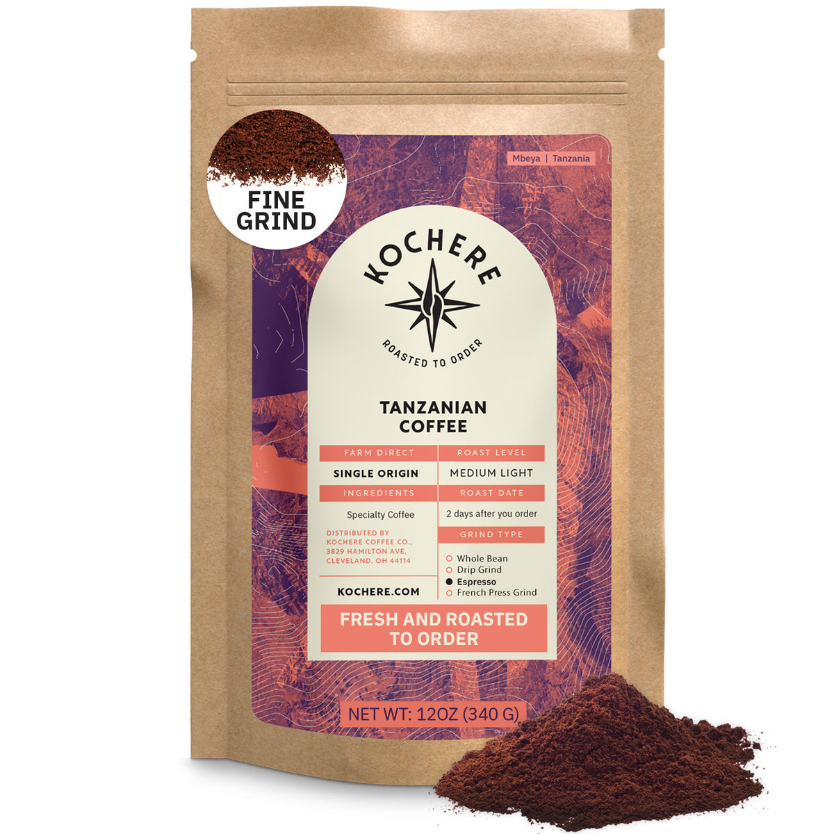 A 12oz bag of Kochere Coffee Tanzanian Mbeya AB Medium-Light Roast from Kochere Coffee Company, featuring pear, floral, and jasmine notes with fine ground coffee shown in a small pile in front of the bag.[12 oz][fine grind]