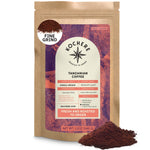 A 12oz bag of Kochere Coffee Tanzanian Mbeya AB Medium-Light Roast from Kochere Coffee Company, featuring pear, floral, and jasmine notes with fine ground coffee shown in a small pile in front of the bag.[12 oz][fine grind]