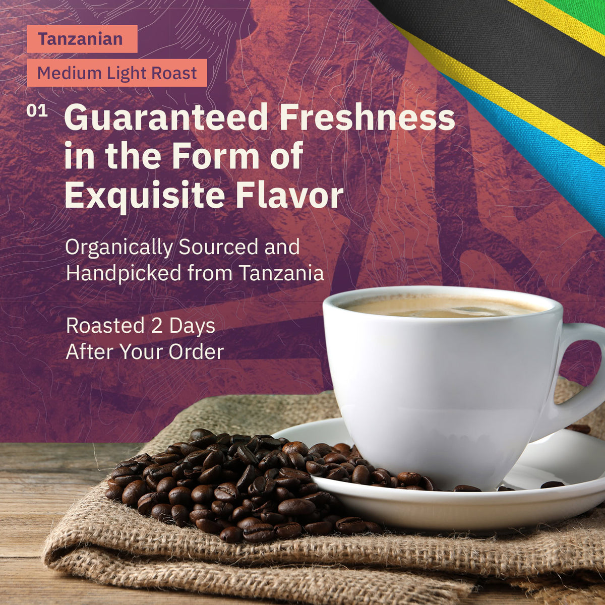 Ad for Tanzanian Medium Light Roast coffee featuring Fair Trade and Farm Direct badges, alongside a photo collage of coffee beans being sorted, held, and roasted. [all]