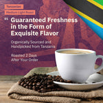 Ad for Tanzanian Medium Light Roast coffee featuring Fair Trade and Farm Direct badges, alongside a photo collage of coffee beans being sorted, held, and roasted. [all]
