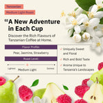 Ad for Tanzanian Medium Light Roast coffee featuring Fair Trade and Farm Direct badges, alongside a photo collage of coffee beans being sorted, held, and roasted. [all]