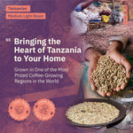 Ad for Tanzanian Medium Light Roast coffee featuring Fair Trade and Farm Direct badges, alongside a photo collage of coffee beans being sorted, held, and roasted. [all]