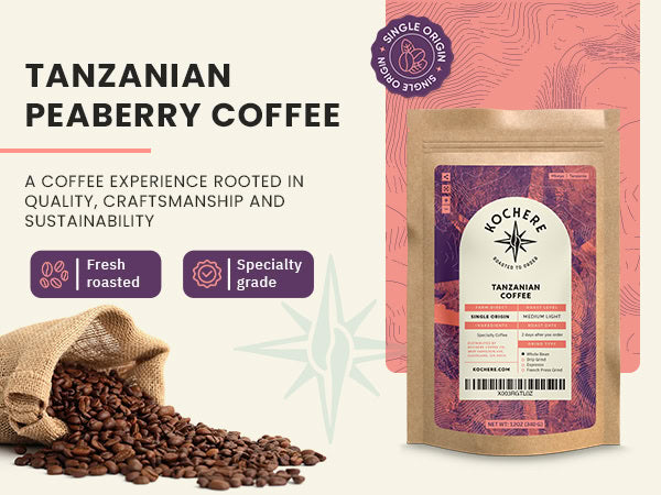 Coffee bag labeled "Tanzanian Peaberry Coffee" beside a burlap sack spilling coffee beans; text highlights single origin and specialty grade.