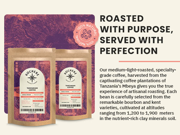 Two bags of Nocheré Tanzanian coffee are shown in front of a purple-tinted landscape, alongside text describing the coffee's origin and artisanal roasting process.