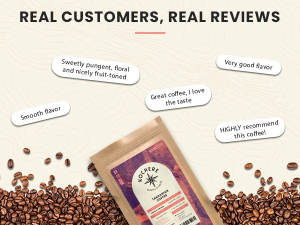 A coffee bag on a backdrop of coffee beans, with customer review quotes praising the flavor and quality of the coffee.