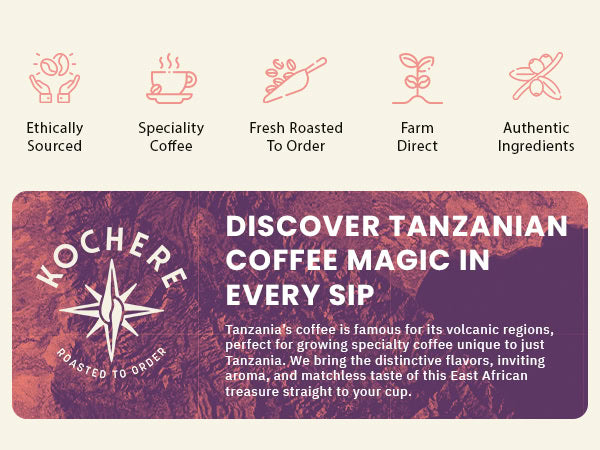 Promotional banner for KOCHERE coffee highlighting ethically sourced, specialty, fresh-roasted Tanzanian coffee with farm-direct, authentic ingredients and a description of its unique flavor.