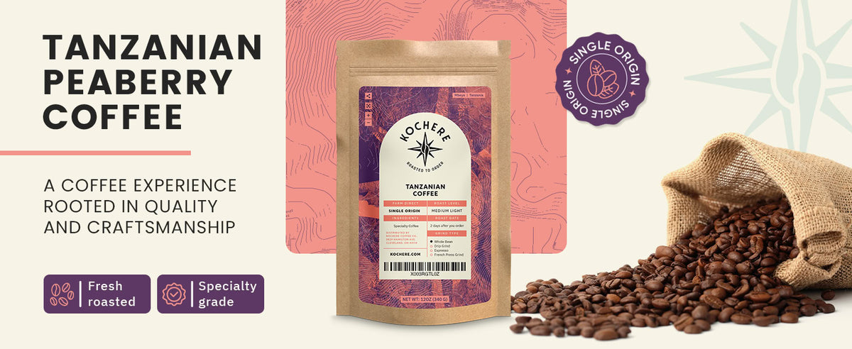 Coffee bag labeled "Tanzanian Peaberry Coffee" beside a burlap sack spilling coffee beans; text highlights single origin and specialty grade.