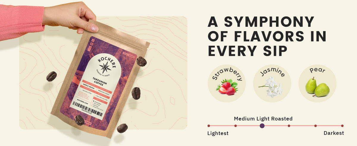 A hand holds a bag of Kocheri Tanzanian coffee, with coffee beans floating nearby. Flavor notes shown: strawberry, jasmine, and pear. Medium light roast is indicated on a scale.
