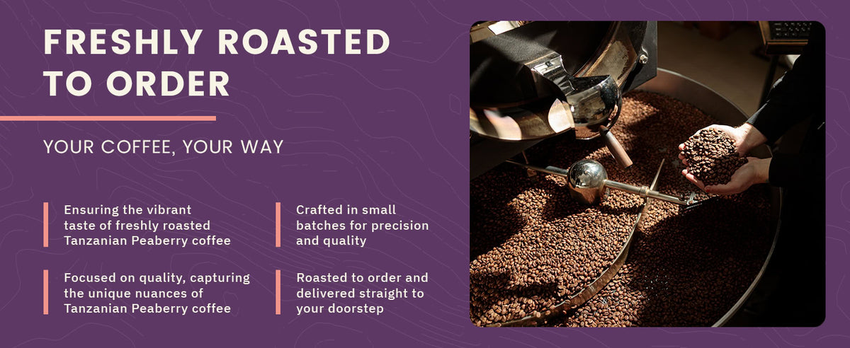 A person collects freshly roasted coffee beans from a roasting machine. Text highlights small batch Tanzanian Peaberry coffee roasted to order and delivered to customers.