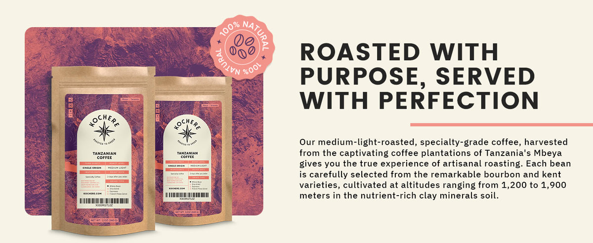 Two bags of Nocheré Tanzanian coffee are shown in front of a purple-tinted landscape, alongside text describing the coffee's origin and artisanal roasting process.