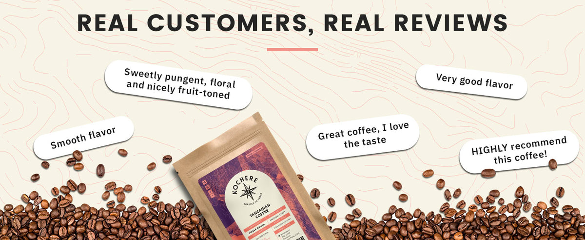 A coffee bag on a backdrop of coffee beans, with customer review quotes praising the flavor and quality of the coffee.