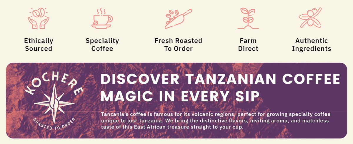Promotional banner for KOCHERE coffee highlighting ethically sourced, specialty, fresh-roasted Tanzanian coffee with farm-direct, authentic ingredients and a description of its unique flavor.