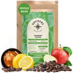 A bag of Kochere Coffee Ugandan Sipi Falls Single Origin, Organic Medium Roast is displayed with coffee beans, raisin, fig, and brown sugar to suggest its flavor notes. The packaging highlights it is sustainably grown by Kochere Coffee Company.