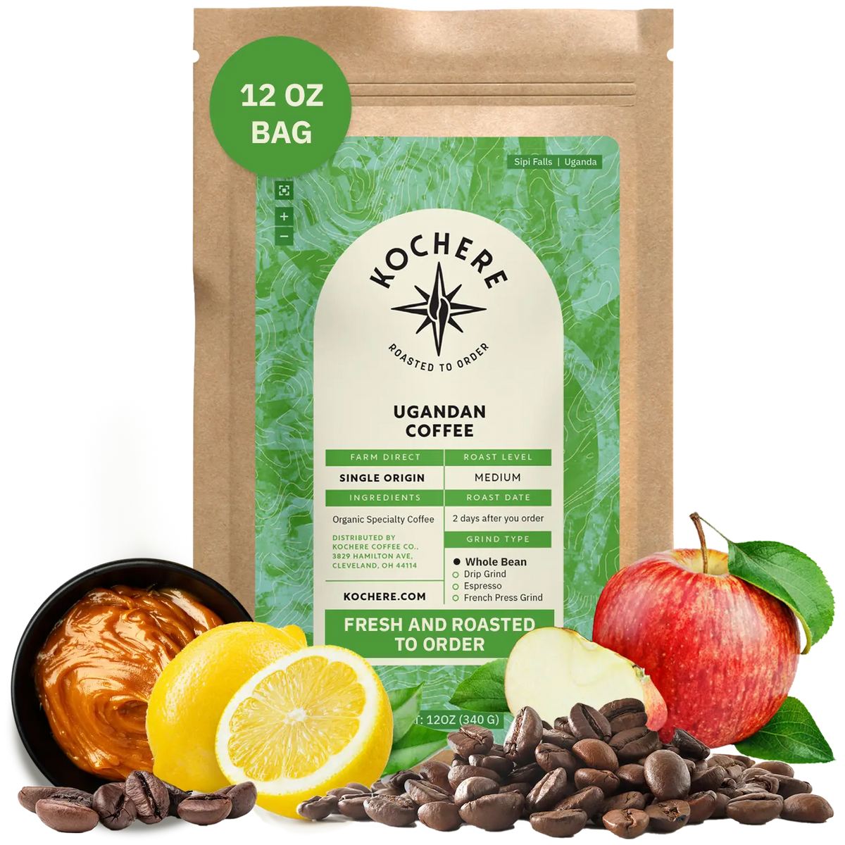 Bag of Kochere Single Origin Ugandan medium roast coffee, displayed with rich caramel, fresh lemons, and crisp red apples to represent its sweet and vibrant flavor profile. [12 oz][Whole Bean]