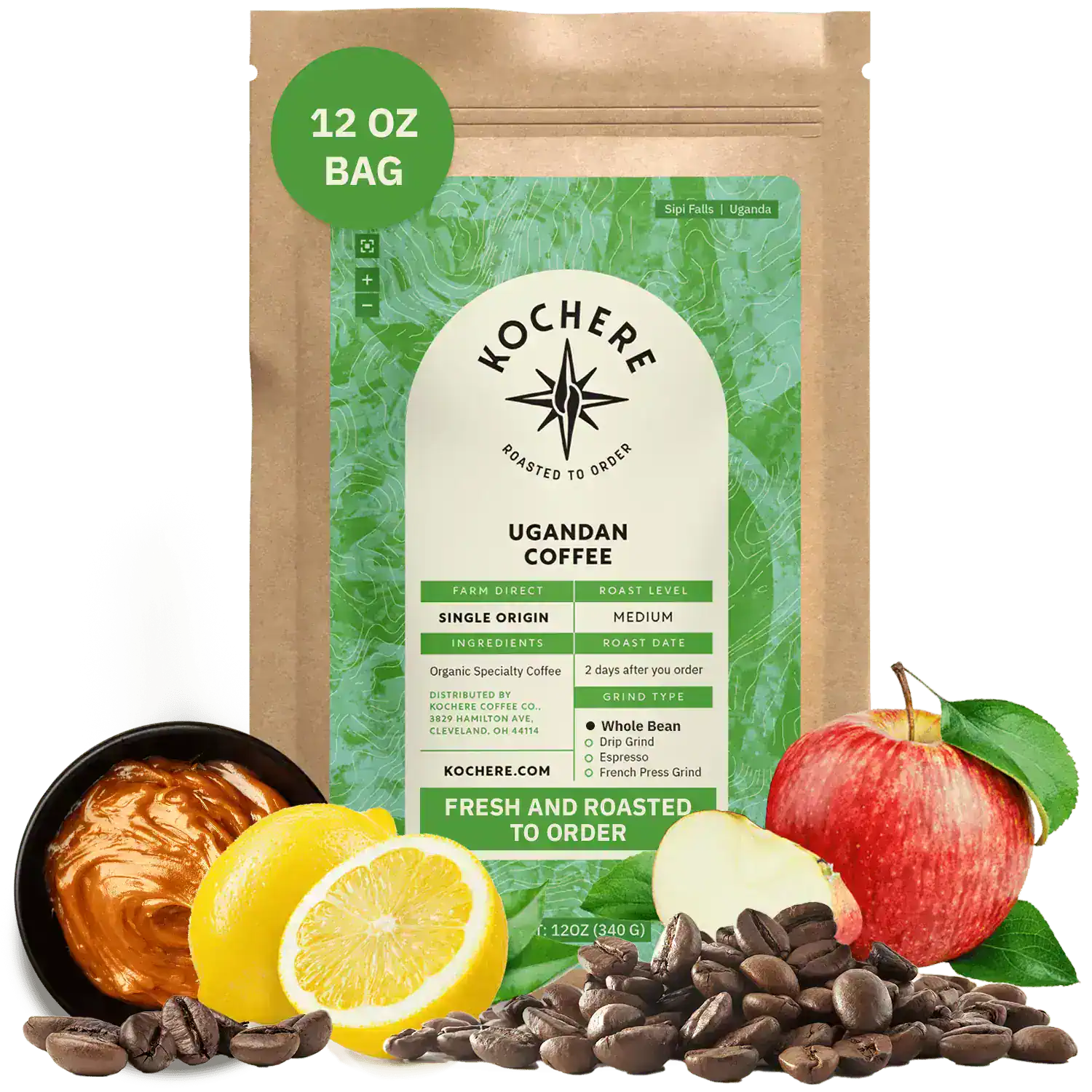 Bag of Kochere Single Origin Ugandan medium roast coffee, displayed with rich caramel, fresh lemons, and crisp red apples to represent its sweet and vibrant flavor profile. [12 oz][Whole Bean]