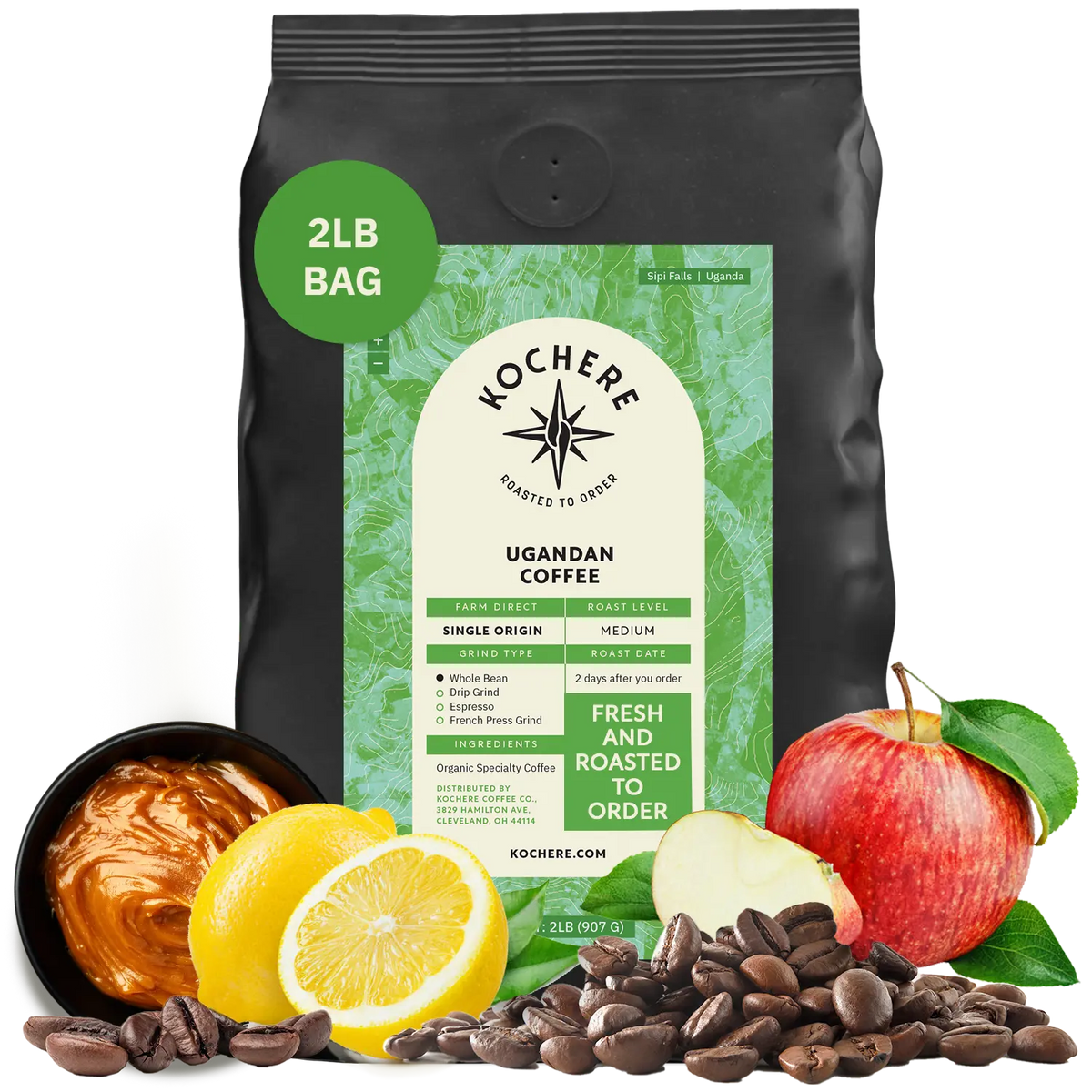 Bag of Kochere Single Origin Ugandan medium roast coffee, displayed with rich caramel, fresh lemons, and crisp red apples to represent its sweet and vibrant flavor profile. [2LB][Whole Bean]