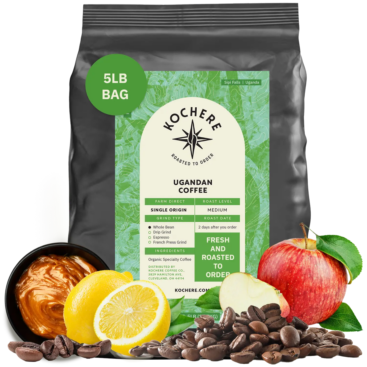 Bag of Kochere Single Origin Ugandan medium roast coffee, displayed with rich caramel, fresh lemons, and crisp red apples to represent its sweet and vibrant flavor profile. [5LB][Whole Bean]