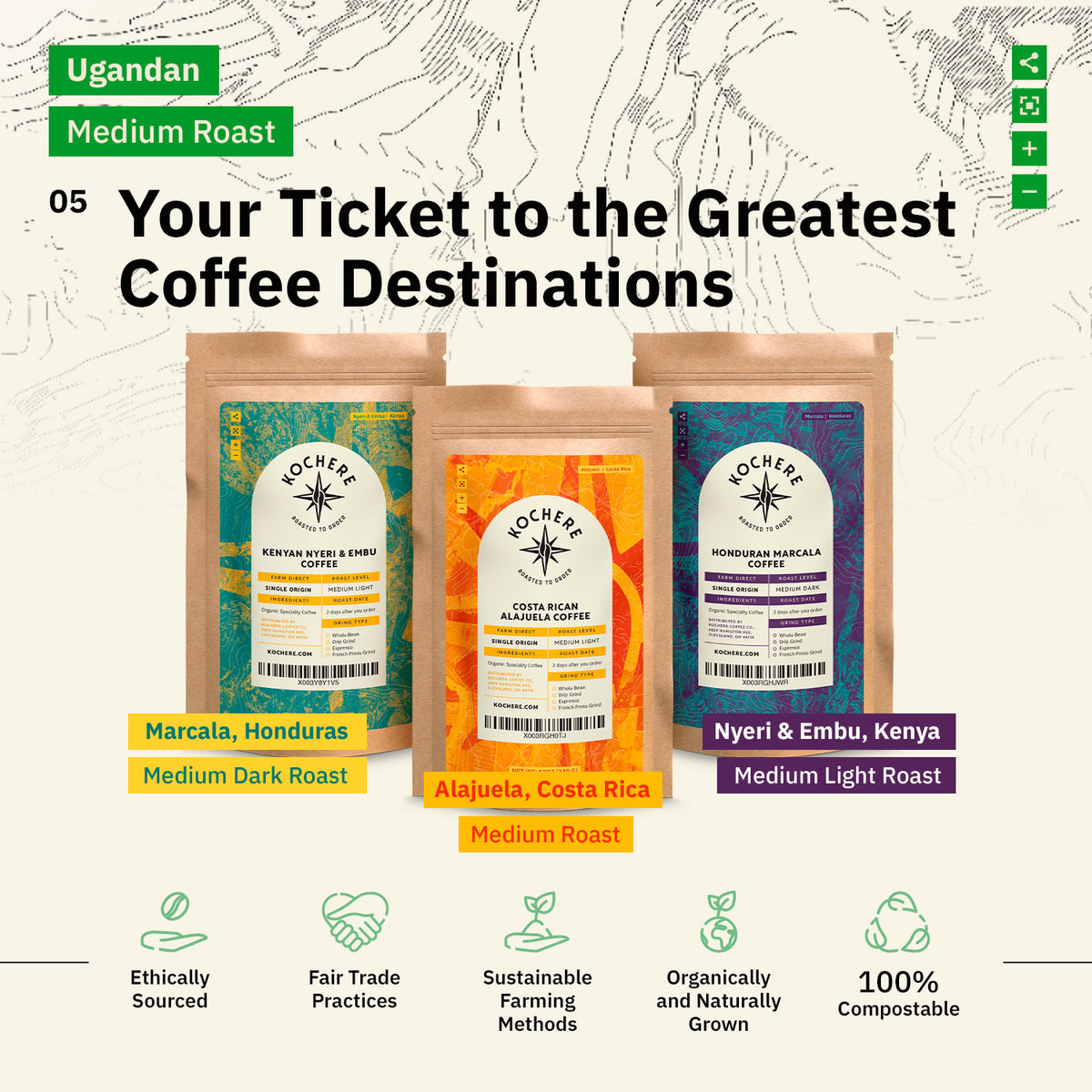This graphic for Kochere coffee highlights three single-origin varieties under the heading "Your Ticket to the Greatest Coffee Destinations." The brand emphasizes specialty coffee that is roasted to order and ethically sourced. [all]