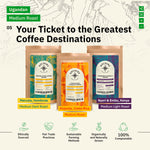 This graphic for Kochere coffee highlights three single-origin varieties under the heading "Your Ticket to the Greatest Coffee Destinations." The brand emphasizes specialty coffee that is roasted to order and ethically sourced. [all]