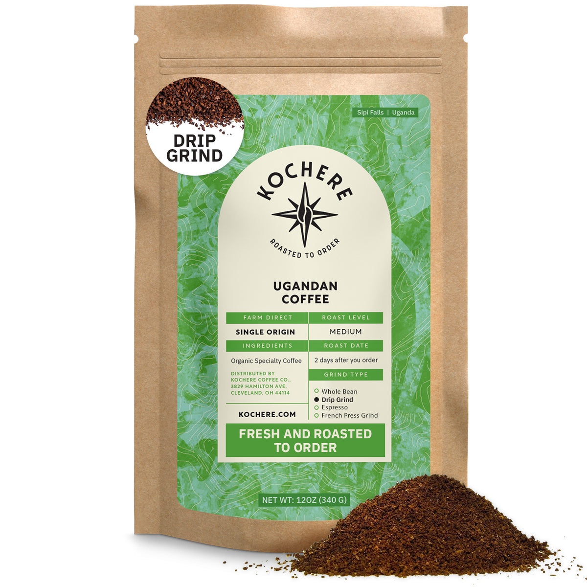 A brown bag of Kochere Coffee Company’s Organic Ugandan Sipi Falls Single Origin Medium Roast, featuring raisin, fig, and brown sugar notes, sits beside a pile of ground coffee, with a green label showing product details.[12 oz][drip grind]