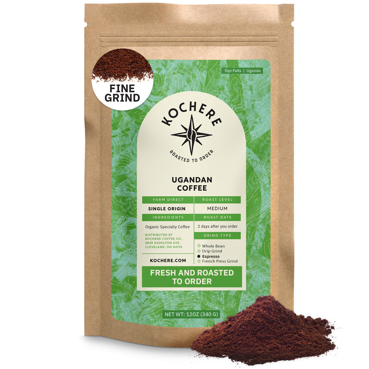 A brown bag of Kochere Coffee Ugandan Sipi Falls Single Origin, Organic Medium Roast by Kochere Coffee Company features a green label and ground coffee, with tasting notes of raisin, fig, and brown sugar—ideal for organic coffee lovers.[12 oz][fine grind]