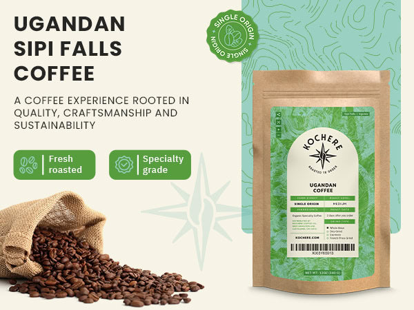 A coffee bag labeled "Ugandan Sipi Falls Coffee" stands next to a burlap sack spilling coffee beans. Text highlights freshness, specialty grade, and single origin.