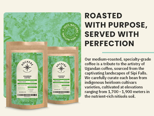 Two Mo Chere Uganda Coffee bags are shown beside text describing the coffee's origin, roast level, and elevation, with a “100% Natural” label in the background.