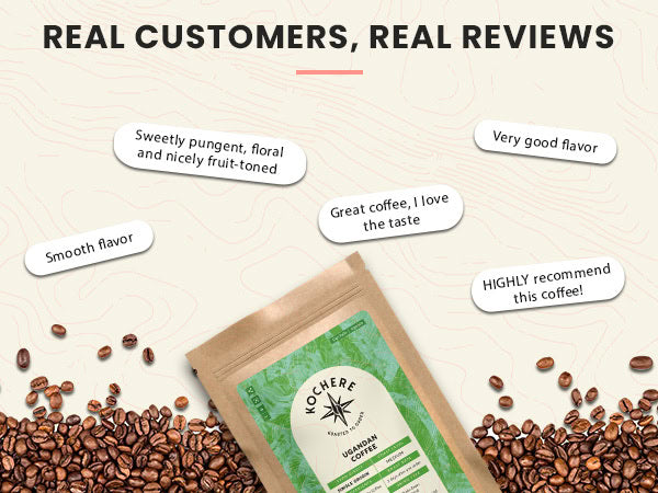 A coffee bag is surrounded by scattered coffee beans and customer review quotes praising the coffee’s flavor and taste.