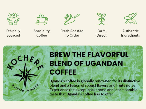 Informational graphic promoting Ugandan coffee, listing benefits like ethical sourcing, specialty coffee, fresh roasting, farm origin, and authentic ingredients, with a green patterned background.