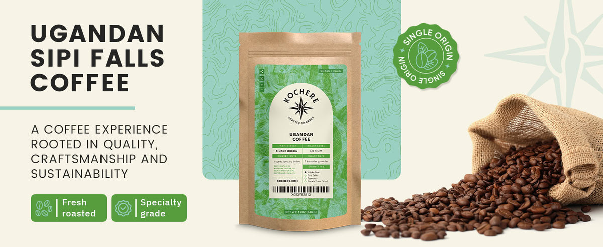 A coffee bag labeled "Ugandan Sipi Falls Coffee" stands next to a burlap sack spilling coffee beans. Text highlights freshness, specialty grade, and single origin.