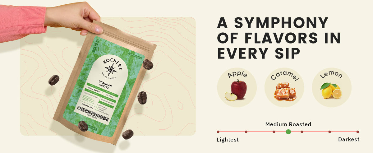 A hand holds a bag of Hochere coffee; text highlights flavors of apple, caramel, and lemon with a medium roast level shown on a light-to-dark scale.