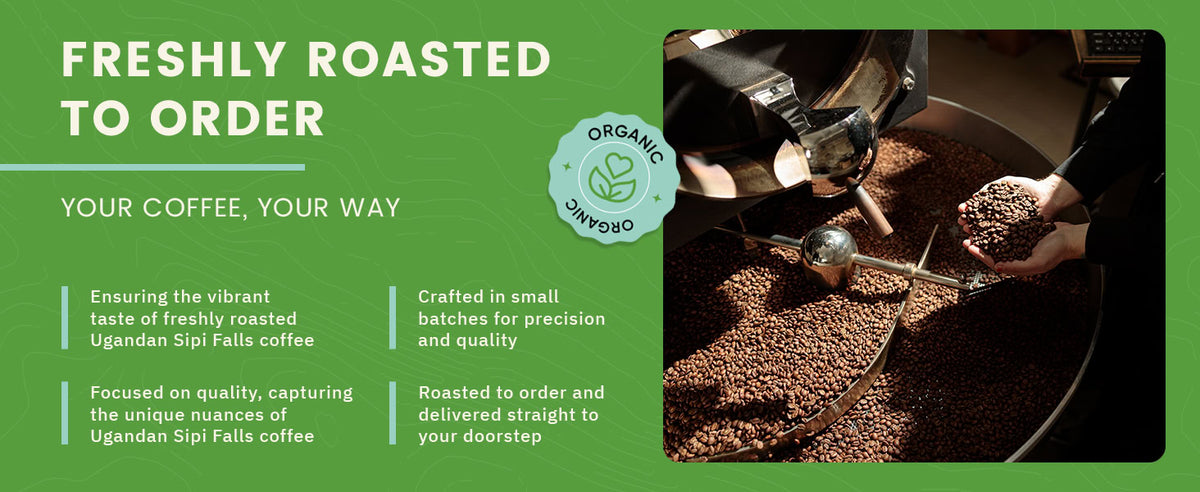 A person uses a scoop to stir coffee beans in a roasting machine, with text promoting freshly roasted Ugandan Sipi Falls coffee.