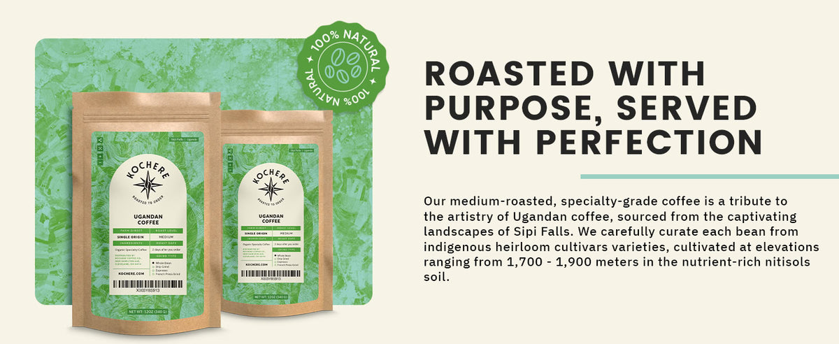Two Mo Chere Uganda Coffee bags are shown beside text describing the coffee's origin, roast level, and elevation, with a “100% Natural” label in the background.