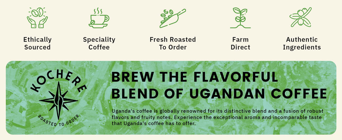 Informational graphic promoting Ugandan coffee, listing benefits like ethical sourcing, specialty coffee, fresh roasting, farm origin, and authentic ingredients, with a green patterned background.