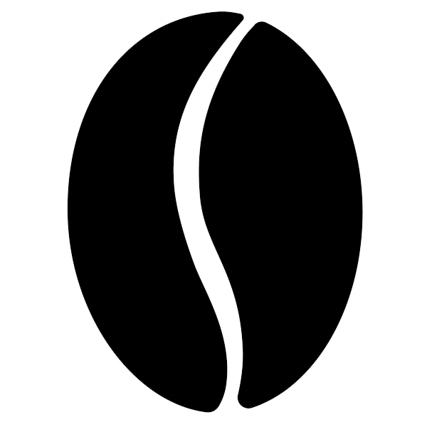 Black silhouette of a single coffee bean with a curved line down the center, depicted on a white background.