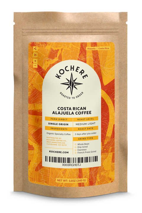 Kochere Coffee Company's medium roast Costa Rican Alajuela coffee in a bag.