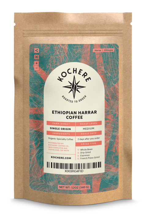 Ethiopian Harrar Coffee - Natural, Origin Single - Medium Light Roast beans in a Kochere Coffee Company bag.